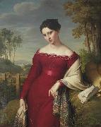 Eduard Friedrich Leybold Portrait of a young lady in a red dress with a paisley shawl oil painting artist